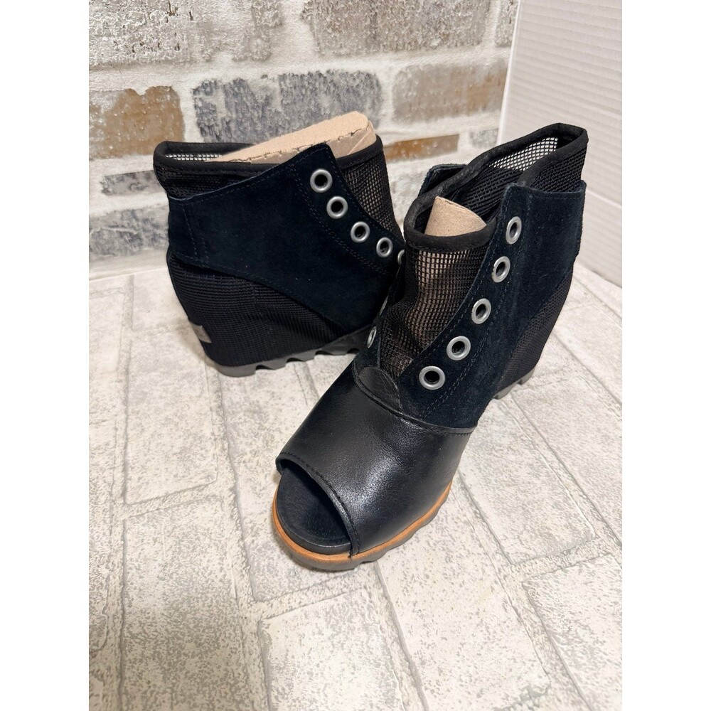 Sorel Suede Leather Open Toe Joanie Mesh Wedge, Black, size 8 womens